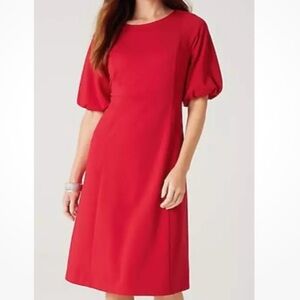 J. Jill Red Ponte Knit Dress Short Bubble Sleeve Career Casual Party